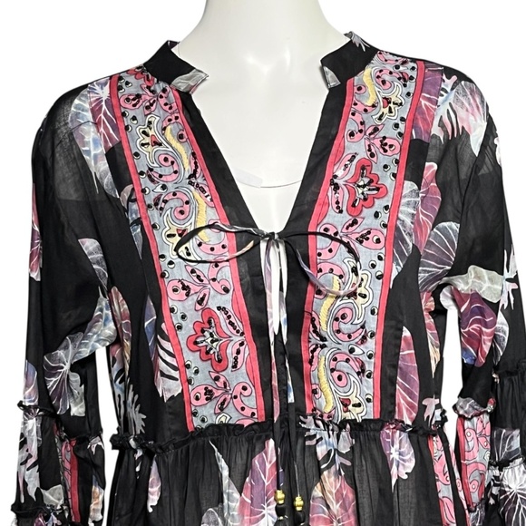 Zury Calypso Printed Boho Dress Cotton Black Pink Tie Front Tiered One Size - Picture 2 of 8